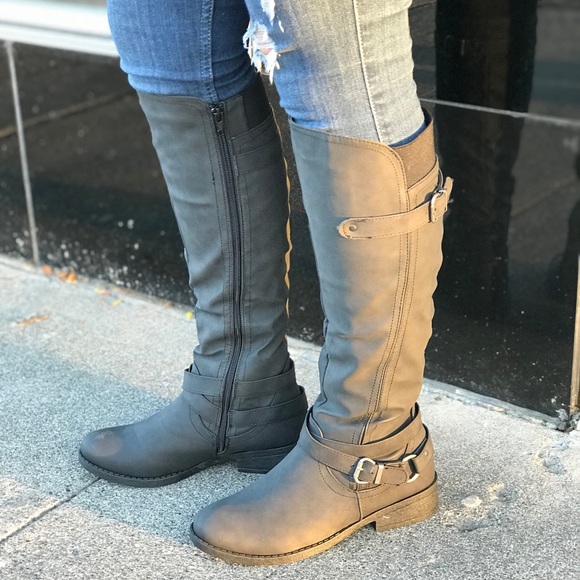 Black Knee High Buckle Boot - Picture 2 of 7